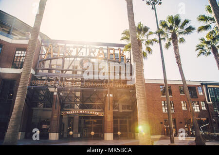 Panorama view of historic AT&T Park baseball park, home of the San Francisco Giants professional baseball franchise, on a sunny day, California, USA Stock Photo