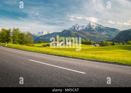 Panoramic view of empty country road leading through beautiful alpine mountain scenery with fresh green meadows full of blooming flowers in springtime Stock Photo