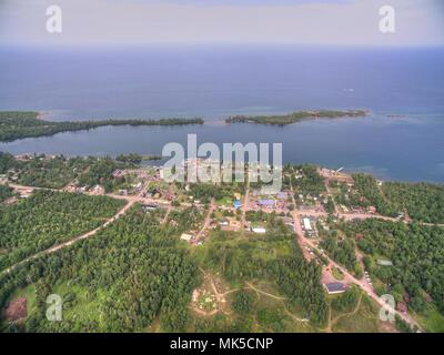 Copper Harbor in Northern Michigan's Upper Peninsula during Summer via Drone Stock Photo