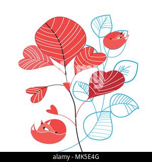 Vector illustration of an unusual pattern of red foxes on plant branches Stock Vector