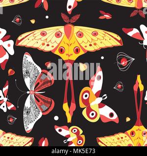 Seamless bright colorful pattern with different butterflies on a dark background Stock Vector