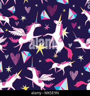 Fairy seamless pattern of funny unicorns on a blue background Stock Vector