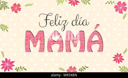 Feliz Dia MAMA - Happy day MOM in Spanish language - greeting card. Word MOM formed by word cloud of different colors on yellow background Stock Vector