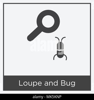 Loupe and Bug icon isolated on white background with gray frame, sign and symbol Stock Vector
