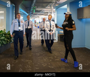 Twitter is a social media company headquartered in San Francisco, California. The archival image documents a guided tour for U.S. Air Force leadership from Travis Air Force Base during a professional development exchange at the corporate headquarters on November 9, 2017. Stock Photo