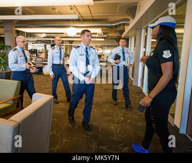 Twitter is a social media company headquartered in San Francisco, California. The archival image documents a guided tour involving U.S. Air Force leadership from Travis Air Force Base during a professional development exchange at the headquarters on November 9, 2017. Stock Photo