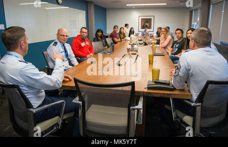 60th Air Mobility Wing is a major airlift unit of the United States Air Force. The archival image documents leadership engagement with corporate employees during a professional development workshop at a San Francisco headquarters on November 9, 2017. Stock Photo