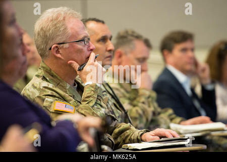 U.S. Army Gen. Raymond A. Thomas III, commander of Special Operations Command, attends a lecture given by Dr. Graham Allison, author of “Destined for War: Can America and China Escape Thucydides’s Trap,” at the Joint Special Operations University on MacDill Air Force Base in Tampa, Fla., Nov. 9, 2017. The lecture provided an opportunity for the audience to learn about historic outcomes from rising world powers conflicting with ruling ones, such as the results of the ancient greek Peloponnesian War. (Photo by U.S. Air Force Master Sgt. Barry Loo) Stock Photo