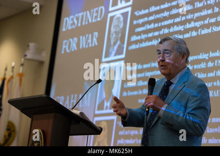 Dr. Graham Allison, author of “Destined for War: Can America and China Escape Thucydides’s Trap,” delivers a lecture to Special Operations Command personnel at the Joint Special Operations University on MacDill Air Force Base in Tampa, Fla., Nov. 9, 2017. The lecture provided an opportunity for the audience to learn about historic outcomes from rising world powers conflicting with ruling ones, such as the results of the ancient greek Peloponnesian War. (Photo by U.S. Air Force Master Sgt. Barry Loo) Stock Photo