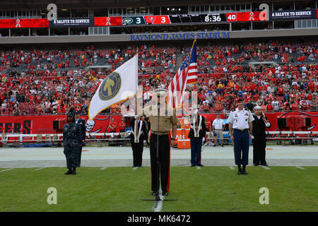 Marine Lt. Gen. Joseph Osterman, deputy commander of U.S. Special Operations Command, delivers the oath of enlistment to new military recruits during the Tampa Bay Buccaneers Salute to Service game in Tampa, Fla., Nov. 15, 2017. The game provided the NFL and fans a forum to honor service members, veterans and their families. (Photo by U.S. Air Force Master Sgt. Barry Loo) Stock Photo