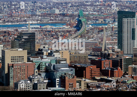 Aerial view including Leonard P Zakim Bunker Hill Memorial Bridge, a cable-stayed bridge that was completed in 2002, Boston, Massachusetts, United Sta Stock Photo