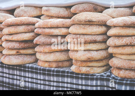 Typical traditional Moroccan bread on street food stall, Marrakesh, Morocco Stock Photo