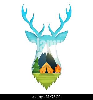 Deer illustration. Cartoon paper landscape. Tent, bonfire, fir, mountain. Stock Vector