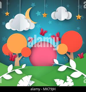 Cartoon paper landscape. Cloud, star, moon, tree illustration. Stock Vector