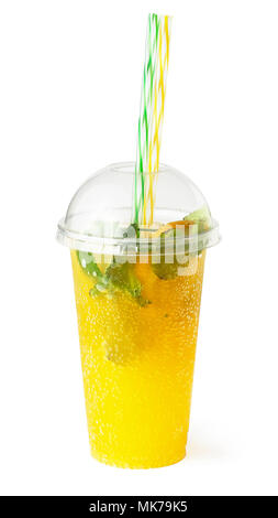 Orange lemonade in plastic glass, cooling fruit drink with sparkling water and mint isolated on white background Stock Photo