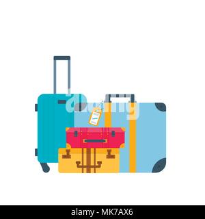 Different types of baggage, luggage, suitcase isolated on white background. Flat style vector illustration. Set of tourism and traveling icons with vo Stock Vector