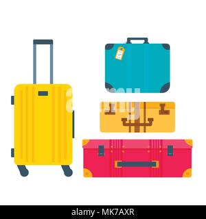 Different types of baggage, luggage, suitcase isolated on white background. Flat style vector illustration. Set of tourism and traveling icons with vo Stock Vector