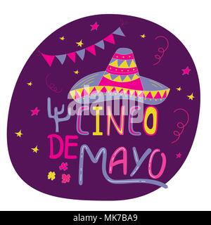 Banner or card for Cinco de Mayo celebration. Holiday poster with hand drawn calligraphy lettering, sombrero, cactus, chilli, tequila and maracas. Vec Stock Vector