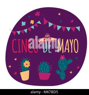 Banner or card for Cinco de Mayo celebration. Holiday poster with hand drawn calligraphy lettering, sombrero, cactus, chilli, tequila and maracas. Vec Stock Vector