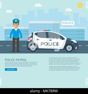Police patrol on a road with police car, officer, modern building, nature landscape. Policeman in uniform, vehicle with rooftop flashing lights. Flat  Stock Vector