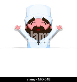 Old man in white lab coat with blank banner. Cartoon doctor with arms wide open. Stock Photo