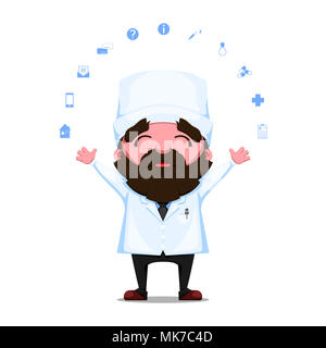 Cute cartoon doctor standing in white lab coat. Joyful health worker with icons. Stock Photo