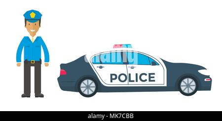 Police patrol on a road with police car, officer. Policeman in uniform,  vehicle with rooftop flashing lights. Flat vector illustration. Stock Vector