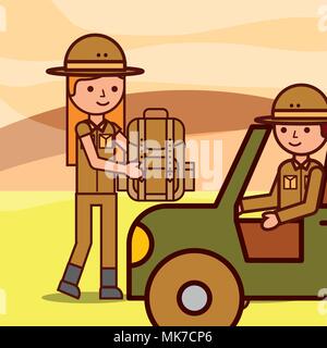 safari girl and boy explorer in jeep with backpack vector illustration Stock Vector