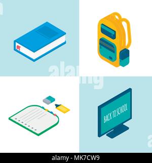 Isometric 3d school supplies set with compuler, book, notebook, pen, backpack, eraser, highlighter. Vector Back to school background with stationery.  Stock Vector