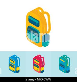 Isometric 3d school supplies set with  backpack. Vector Back to school background with stationery. Office accessories. Stock Vector