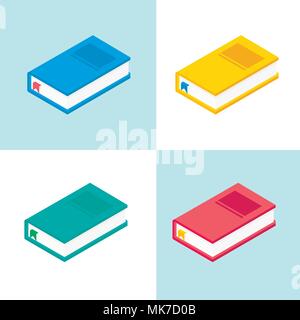 Isometric 3d school supplies set with different icons of colored book. Vector Back to school background with stationery. Office accessories. Stock Vector