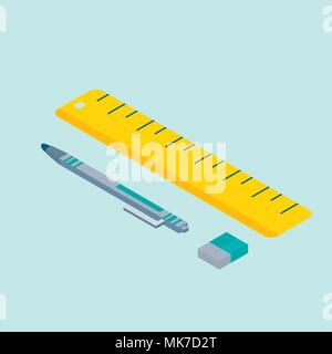 Isometric 3d school supplies set with  pen, eraser and ruler. Vector Back to school background with stationery. Office accessories. Stock Vector