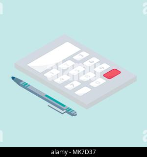Isometric 3d school supplies set with calculator, pen. Vector Back to school background with stationery. Office accessories. Stock Vector