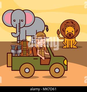 safari girl explorer driving jeep watching lion and elephant african vector illustration Stock Vector