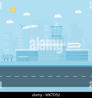 Banner with airport terminal  in the background with city skyline character and baggage. Vector flat design illustration of modern airport building. Stock Vector