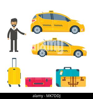 Machine yellow cab with driver and baggage. Public taxi service concept. Flat vector illustration. Stock Vector