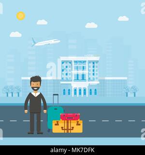 Machine yellow cab with driver, baggage, hotel  in the city. Public taxi service concept. Flat vector illustration. Stock Vector
