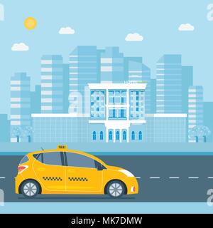 Machine yellow cab, hotel  in the city. Public taxi service concept. Flat vector illustration. Stock Vector