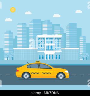 Machine yellow cab, hotel  in the city. Public taxi service concept. Flat vector illustration. Stock Vector