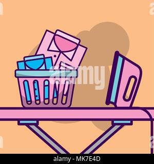 laundry cleaning ironing board steam iron basket shirts vector illustration Stock Vector