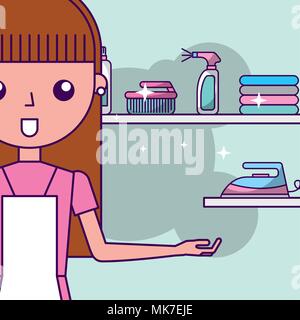 laundry cleaner girl cartoon ironing spray bottle clothes vector illustration Stock Vector