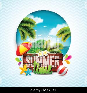 Vector Summer Time Holiday typographic illustration on vintage wood background. Tropical plants, flower, beach ball and sunshade with ocean landscape. Design template for banner, flyer, invitation, brochure, poster or greeting card. Stock Vector