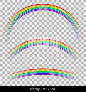 Curved Colorful Rainbow on Checkered Background. Transparent Weather Icon. Spectrum Colored Pattern Stock Photo
