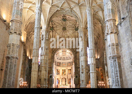 Interior of Jeronimos Cathedral. Hieronymites Monastery, is a former monastery of the Order of Saint Jerome near the Tagus River in Belém. Stock Photo