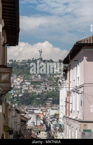 Virgen de Quito statue on El Panecillo hill seen from the historic old city of Quito, Ecuador. Stock Photo