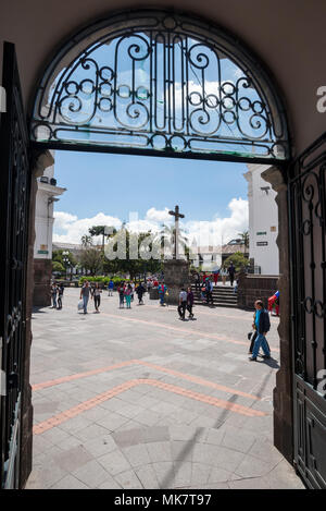 View of Independence Square from the entrance of  the Metropolitan Cultural Center in the historic old city of Quito, Ecuador. Stock Photo