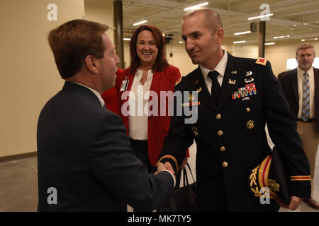 Col. Paul Kremer, U.S. Army Corps of Engineers Great Lakes and Ohio River Division acting commander, welcomes Congressman Chuck Fleischmann, Tennessee District 3, during the dedication of the new Construction Support Building Nov. 20, 2017 at the Y-12 National Security Complex in Oak Ridge, Tenn. (USACE photo by Leon Roberts)