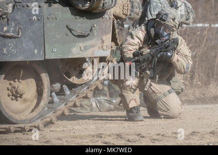 TWIN BRIDGES, Republic of Korea – A Soldier from 1st Battalion, 9th Cavalry Regiment, 2nd Armored Brigade Combat Team, 1st Cavalry Division assesses the situation from behind the protective cover of a Bradley Fighting Vehicle (BFV) during Suho Lightening; a combined training exercise with the Republic of Korea Army and 1-9 Cav. on November 15, 2017. 2ABCT conducted live training exercises in conjunction with Warfighter 18-02; a peninsula wide simulated, division-level training exercise incorporating U.S. and Korean armies. Stock Photo