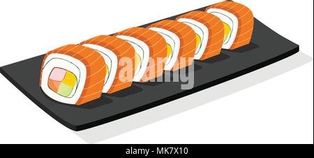Sliced Salmon sushi roll on black plate, isolated on white Stock Vector