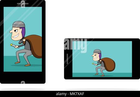 Thief in tablet and smartphone screen on white background Stock Vector